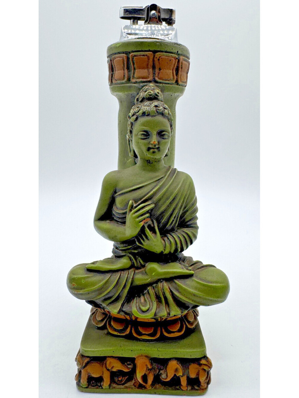 Vintage Buddha Table Lighter Green Figural Elephant Base Japan Insert - Nice